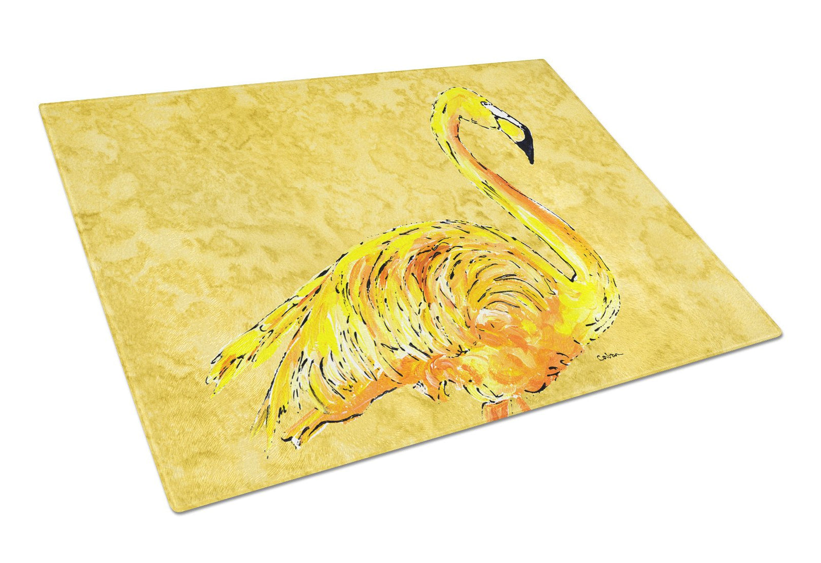 Flamingo on Yellow Glass Cutting Board Large by Caroline's Treasures