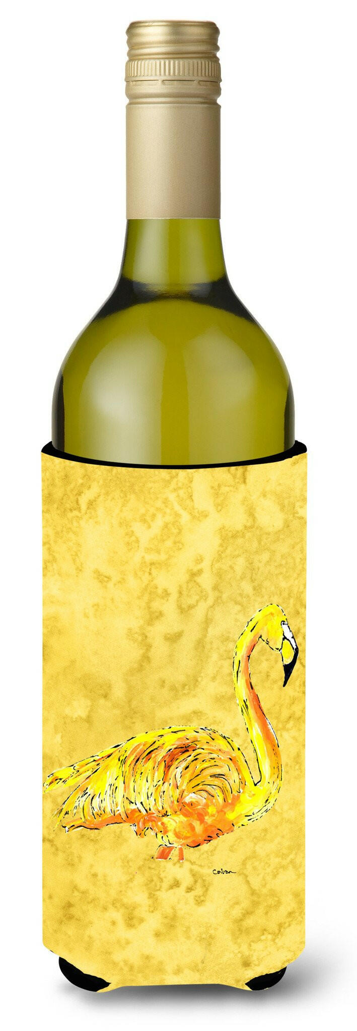 Flamingo on Yellow Wine Bottle Beverage Insulator Beverage Insulator Hugger by Caroline&#39;s Treasures