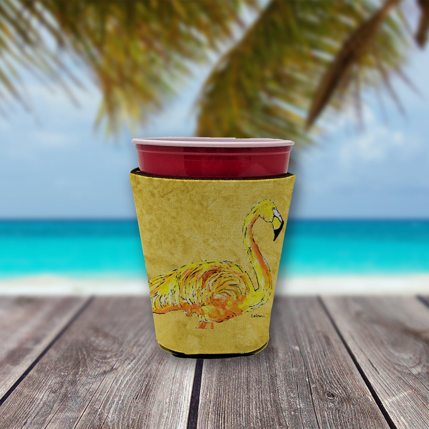 Flamingo on Yellow Red Cup Beverage Insulator Hugger