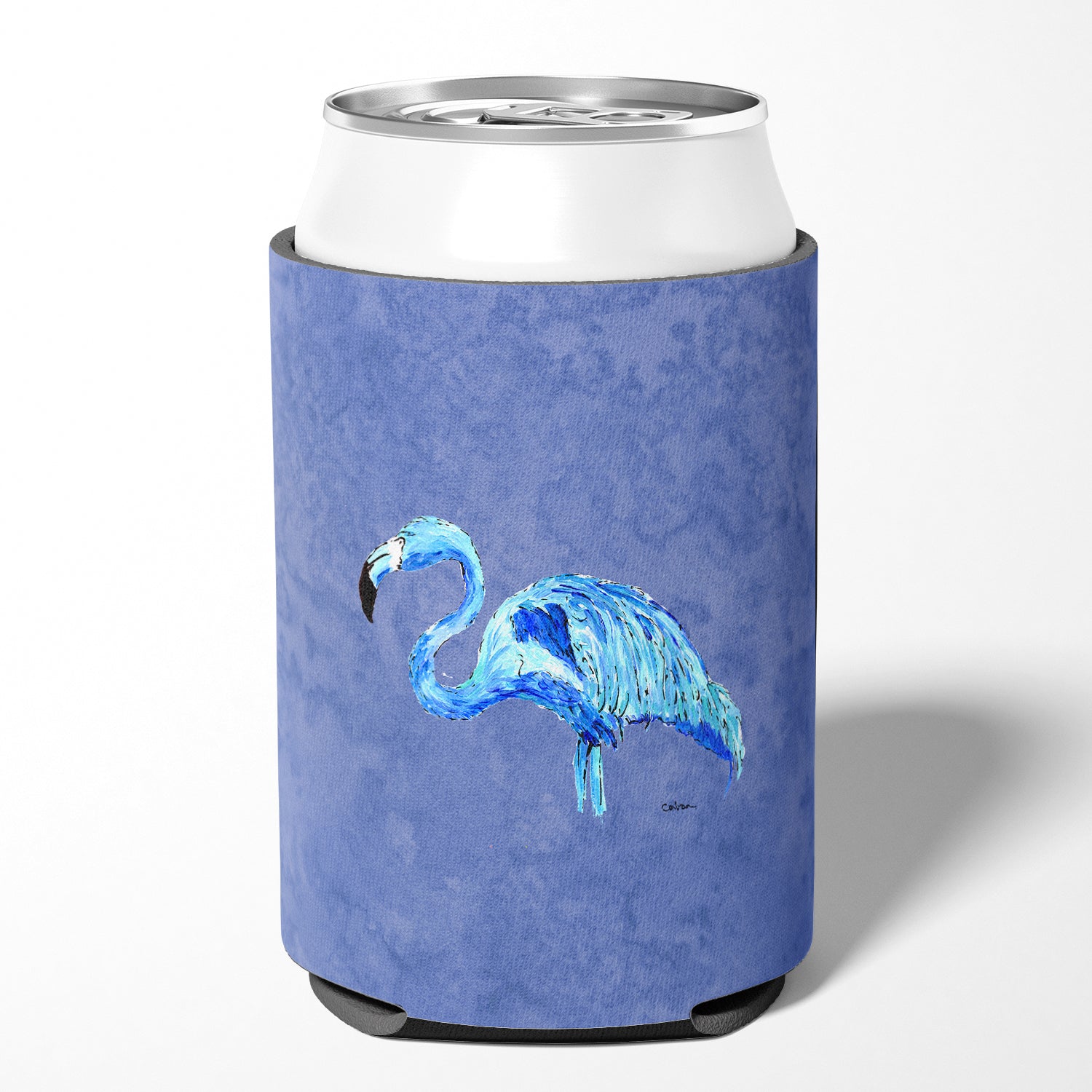 Flamingo On Slate Blue Can or Bottle Beverage Insulator Hugger.
