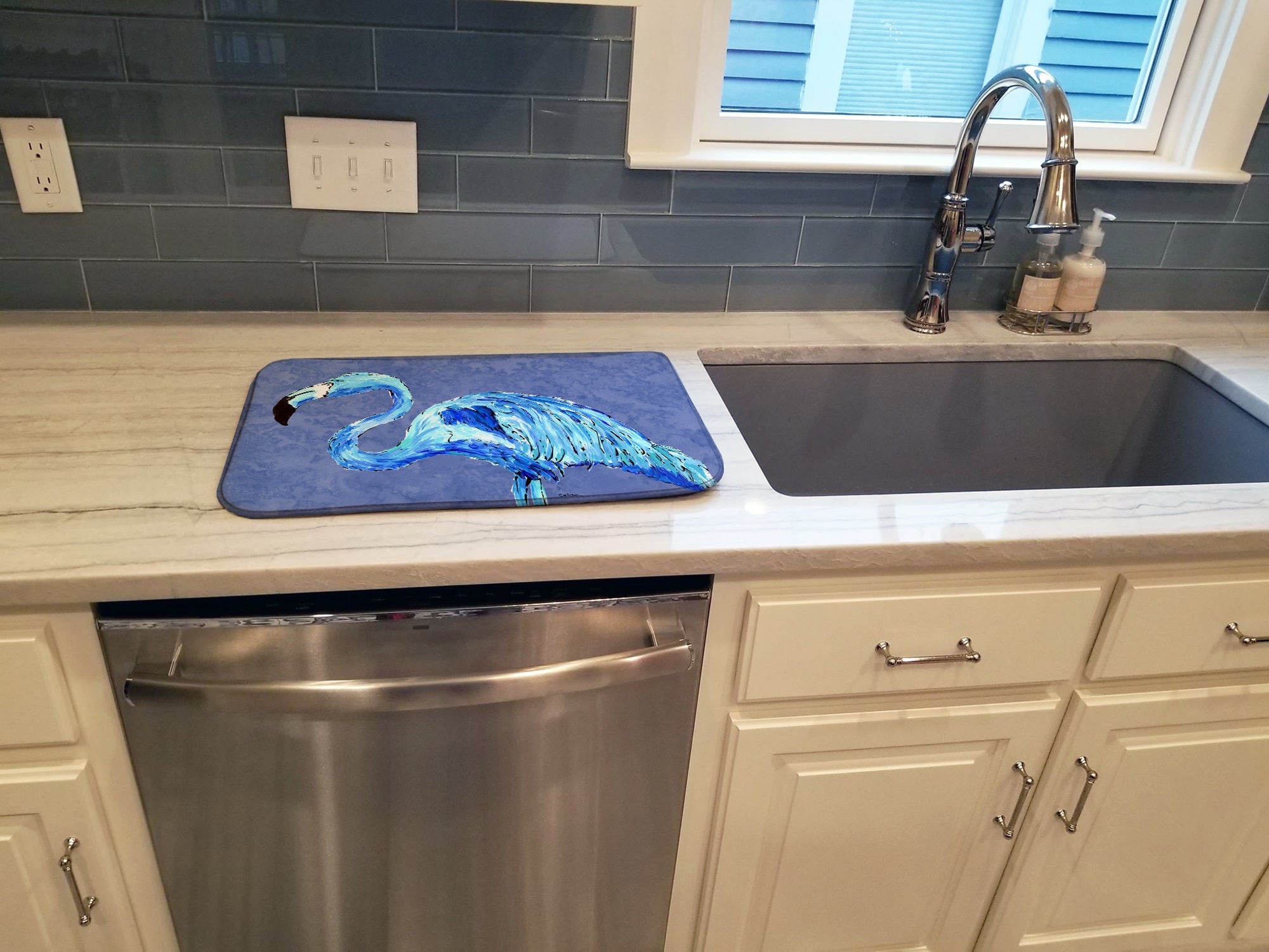Flamingo On Slate Blue Dish Drying Mat 8873DDM
