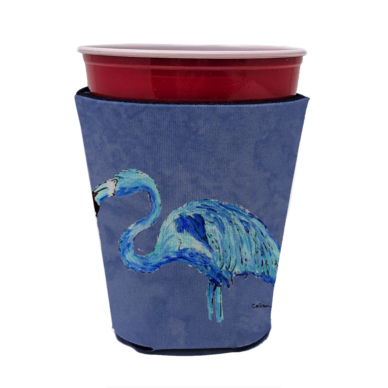 Flamingo On Slate Blue Red Cup Beverage Insulator Hugger