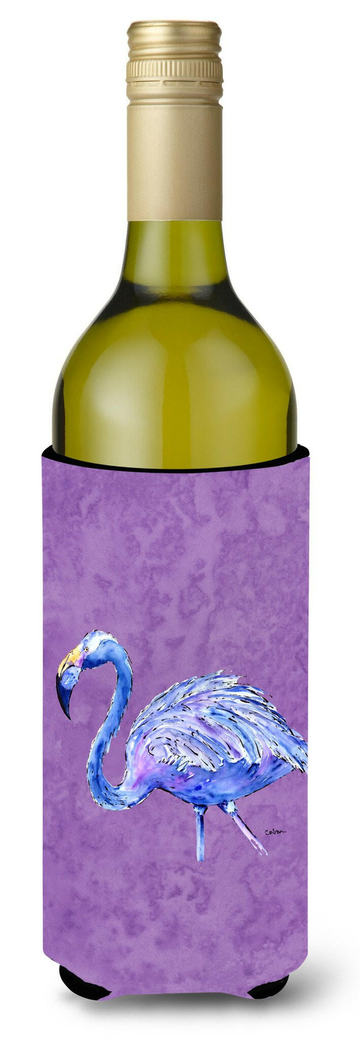 Flamingo on Purple Wine Bottle Beverage Insulator Beverage Insulator Hugger by Caroline&#39;s Treasures