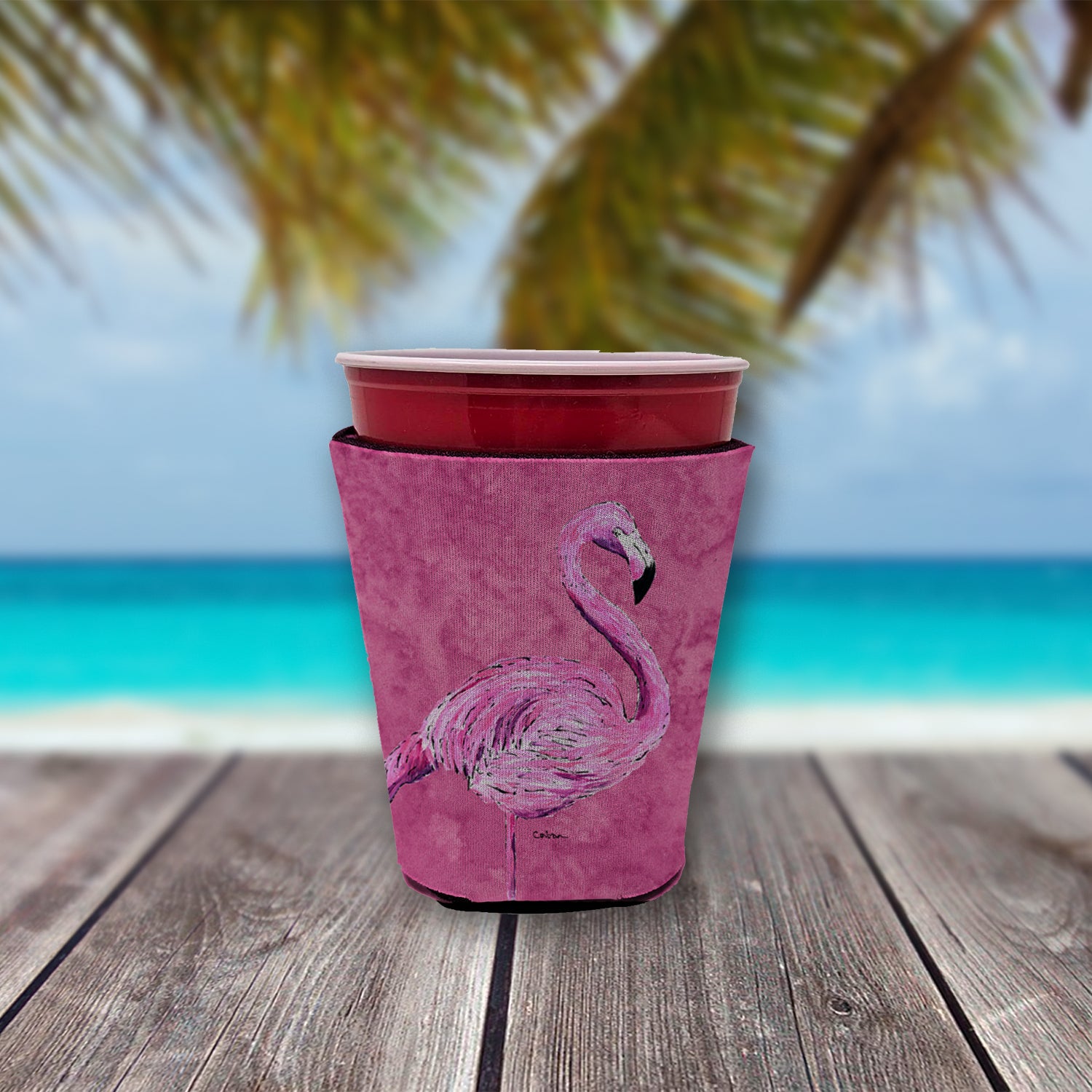 Flamingo on Pink Red Cup Beverage Insulator Hugger  the-store.com.