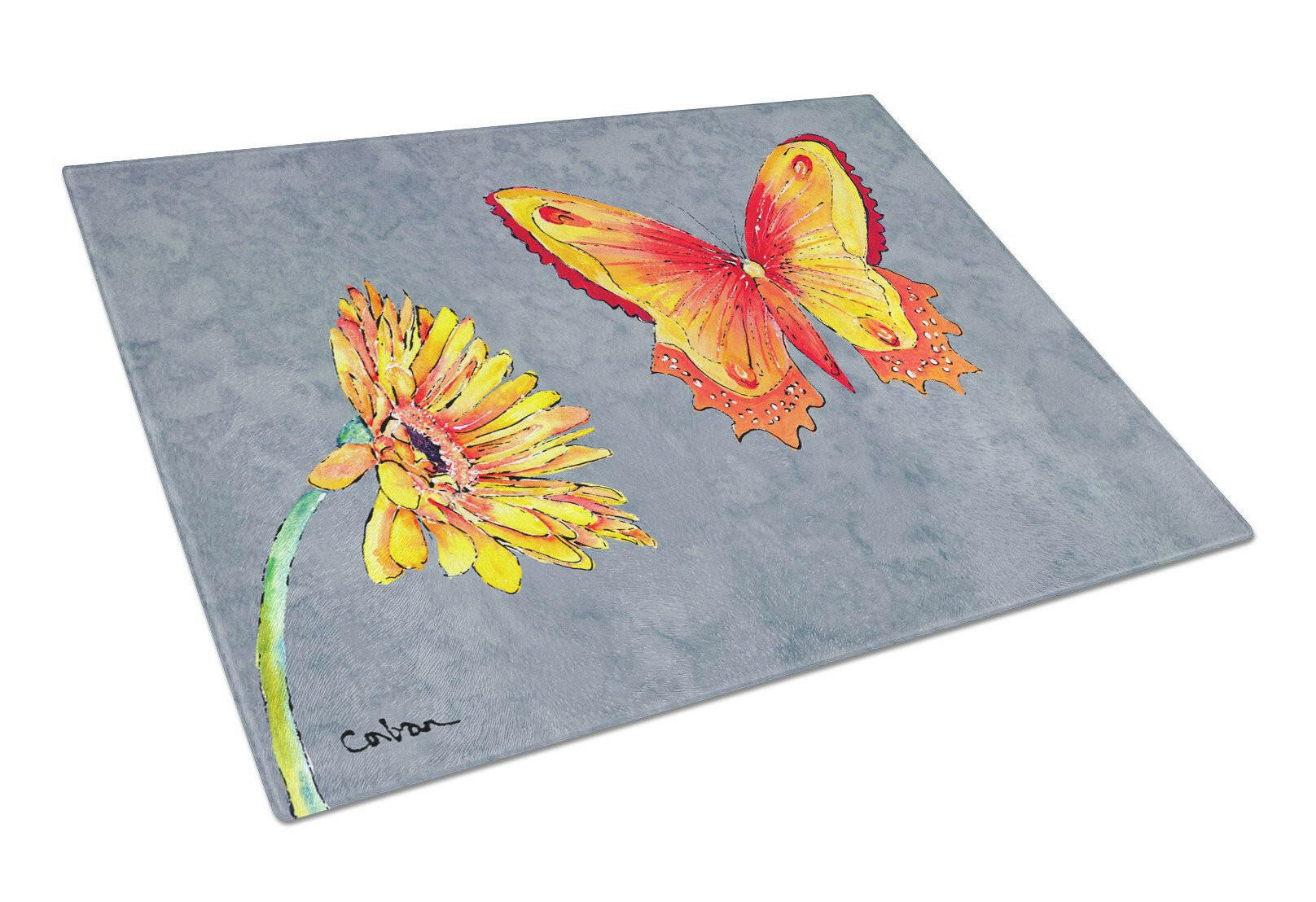 Gerber Daisy and Buttefly Glass Cutting Board Large by Caroline's Treasures