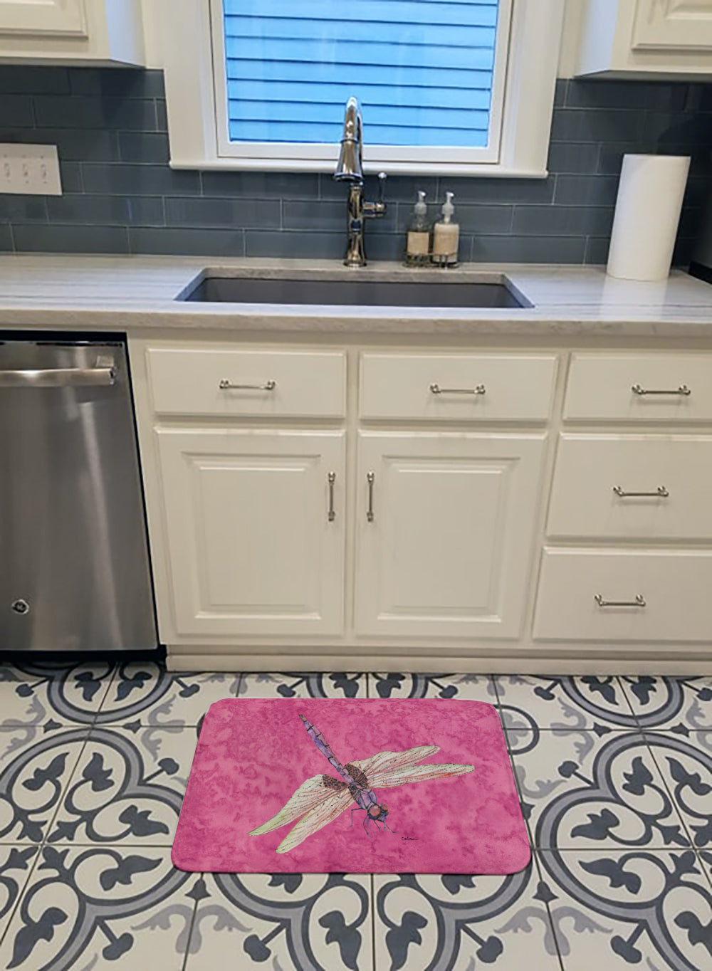 Dragonfly on Pink Machine Washable Memory Foam Mat 8891RUG - the-store.com