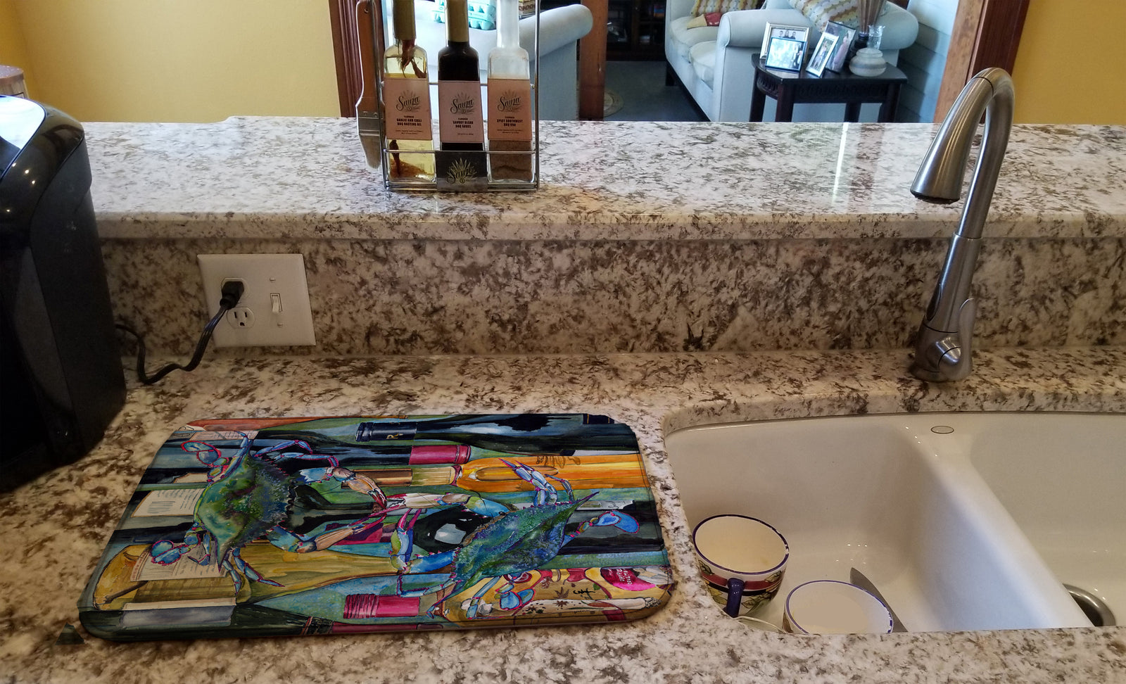 Caroline's Treasures Blue Crabby Wine Bottles Dish Drying Mat – Absorbent, Artistic Kitchen Essentials 8917DDM