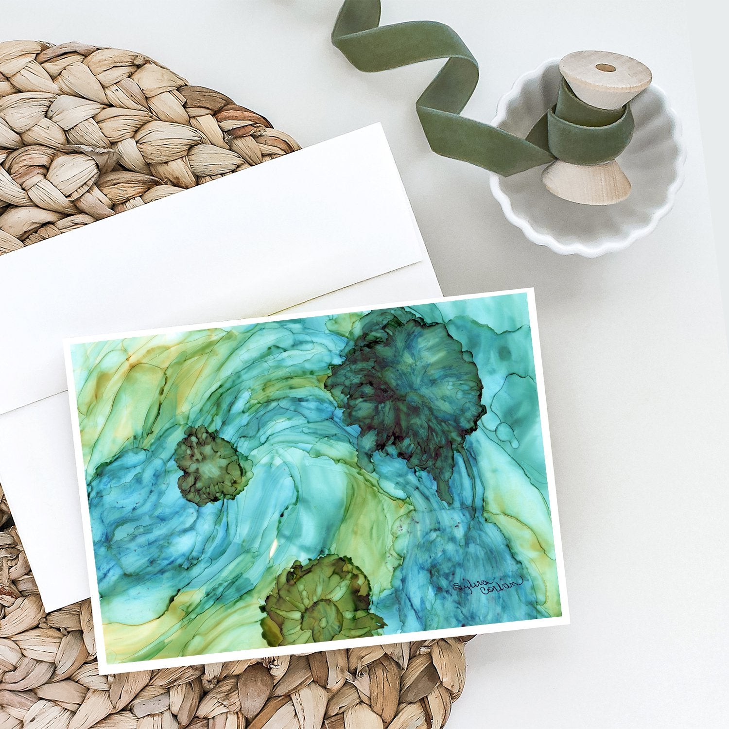 Buy this Abstract in Teal Flowers Greeting Cards and Envelopes Pack of 8