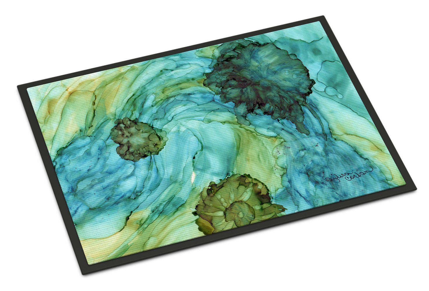 Abstract in Teal Flowers Indoor or Outdoor Mat 24x36 8952JMAT - the-store.com