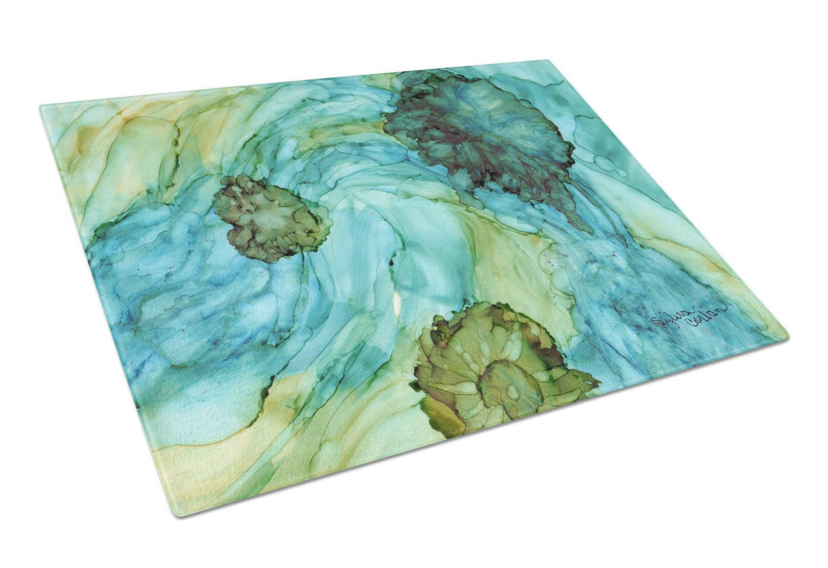 Abstract in Teal Flowers Glass Cutting Board Large 8952LCB by Caroline's Treasures