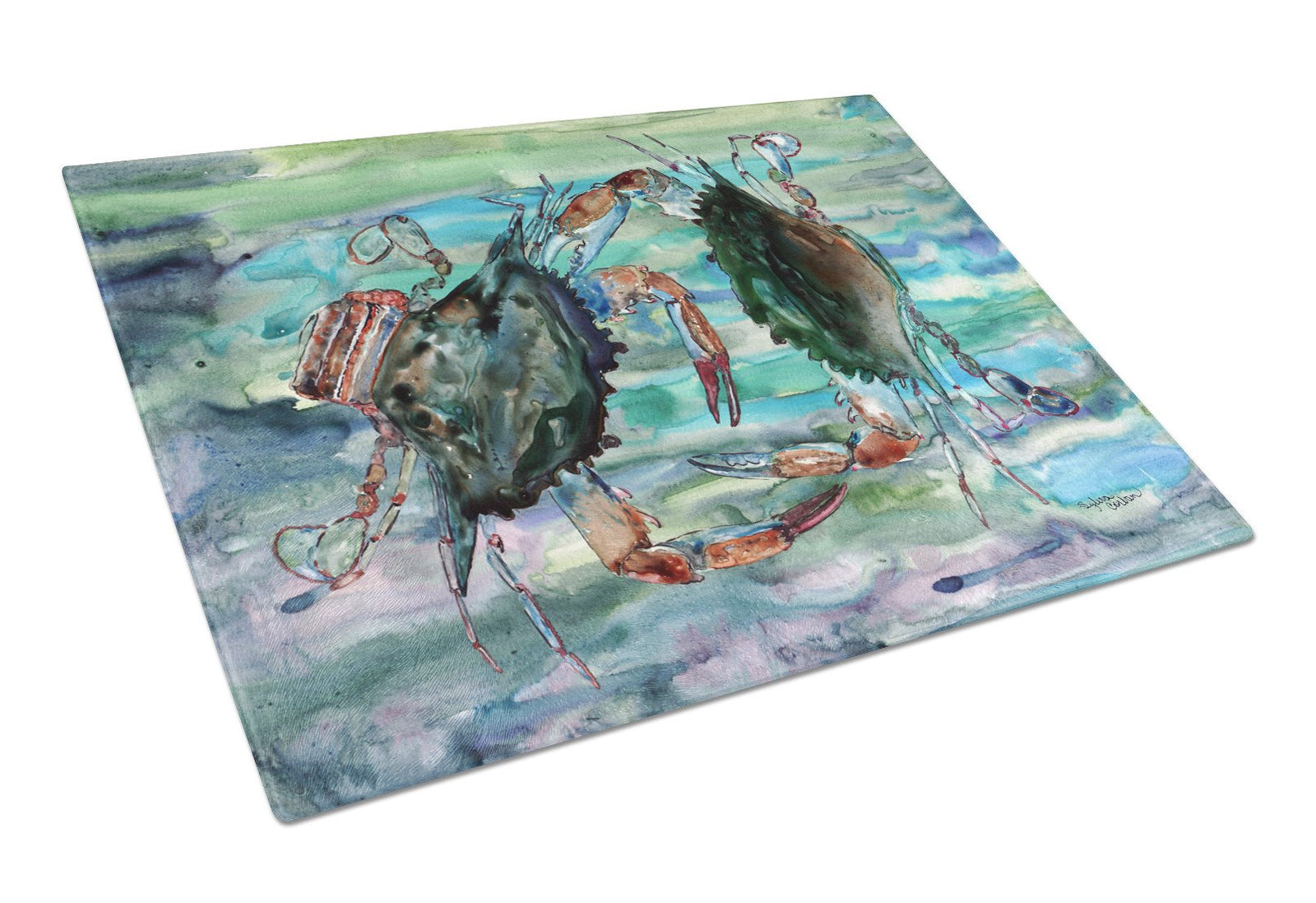Watery Teal and Purple Crabs Glass Cutting Board Large 8954LCB by Caroline's Treasures