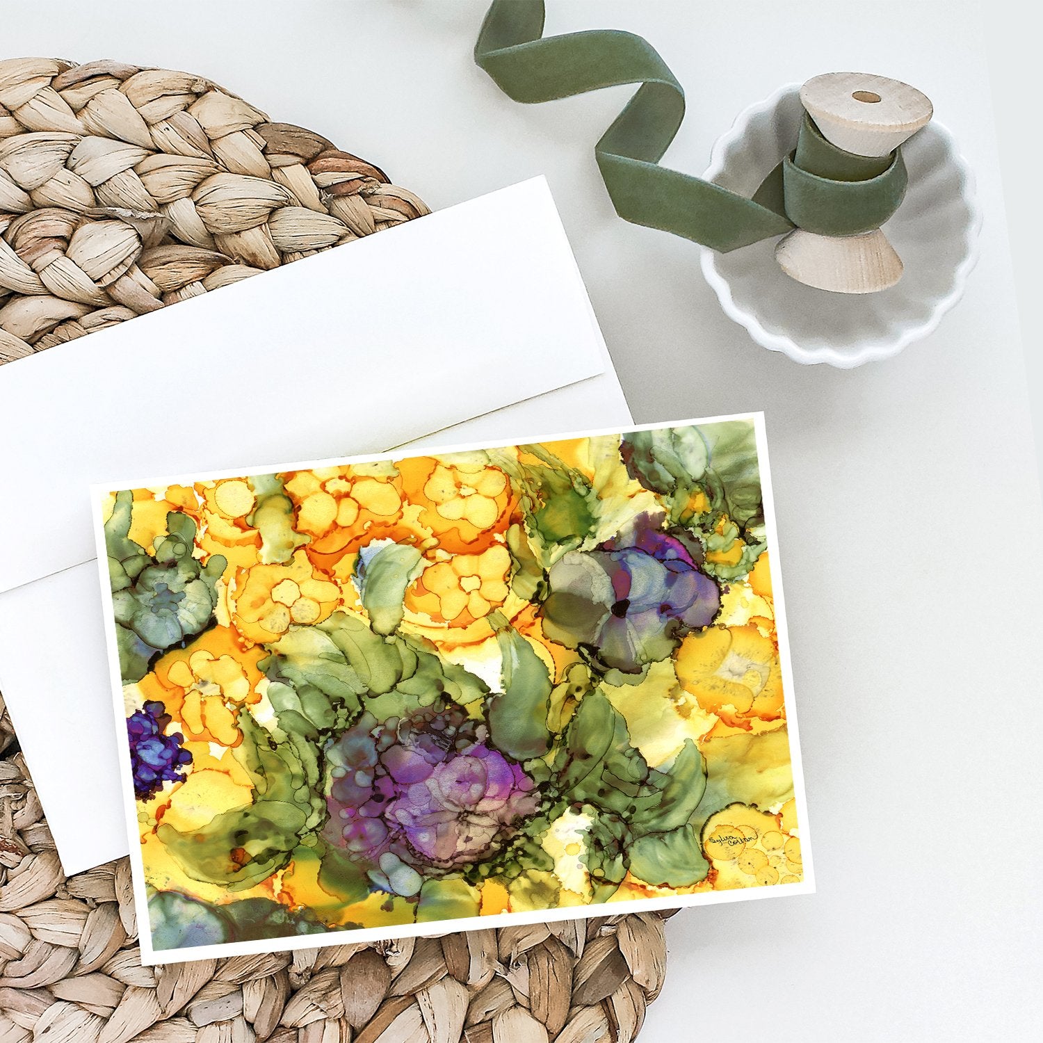 Caroline's Treasures Abstract Flowers Purple and Yellow Greeting Cards - Blank Note Cards – 8-Pack of Artist-Designed Cards with Envelopes