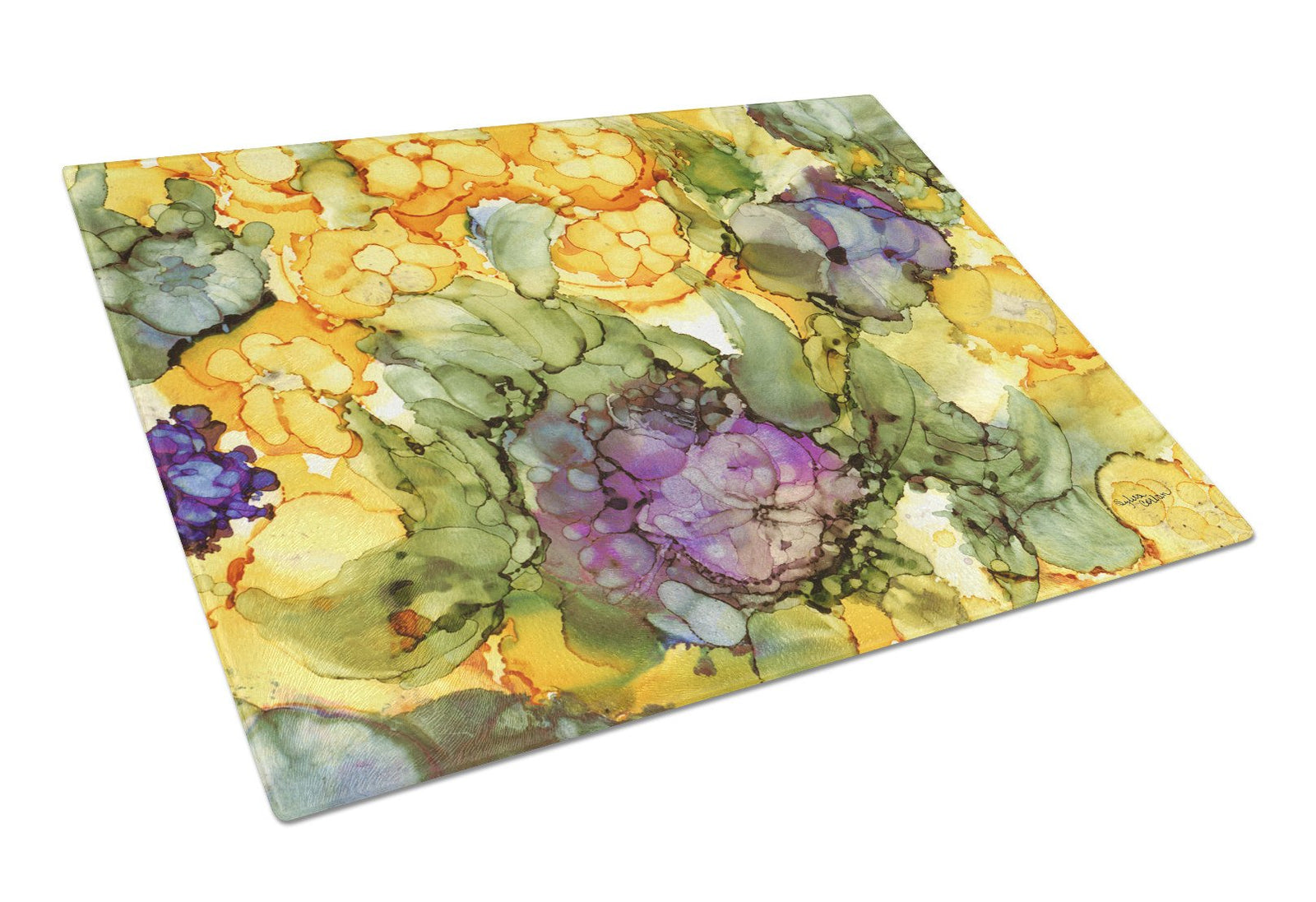 Abstract Flowers Purple and Yellow Glass Cutting Board Large 8958LCB by Caroline's Treasures