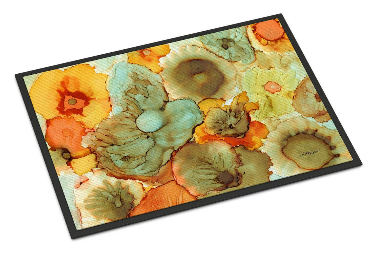 Abstract Flowers Teal and orange Indoor or Outdoor Mat 24x36 8959JMAT - the-store.com