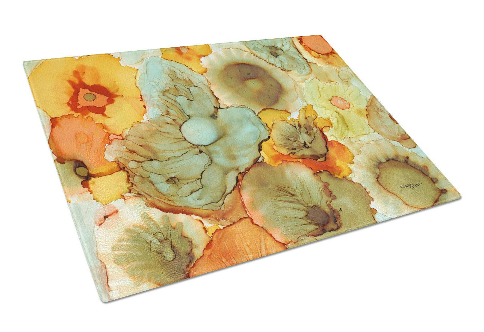 Abstract Flowers Teal and orange Glass Cutting Board Large 8959LCB by Caroline's Treasures
