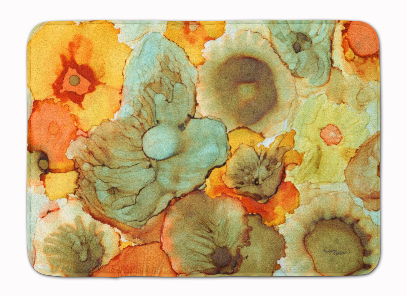 Abstract Flowers Teal and orange Machine Washable Memory Foam Mat 8959RUG - the-store.com