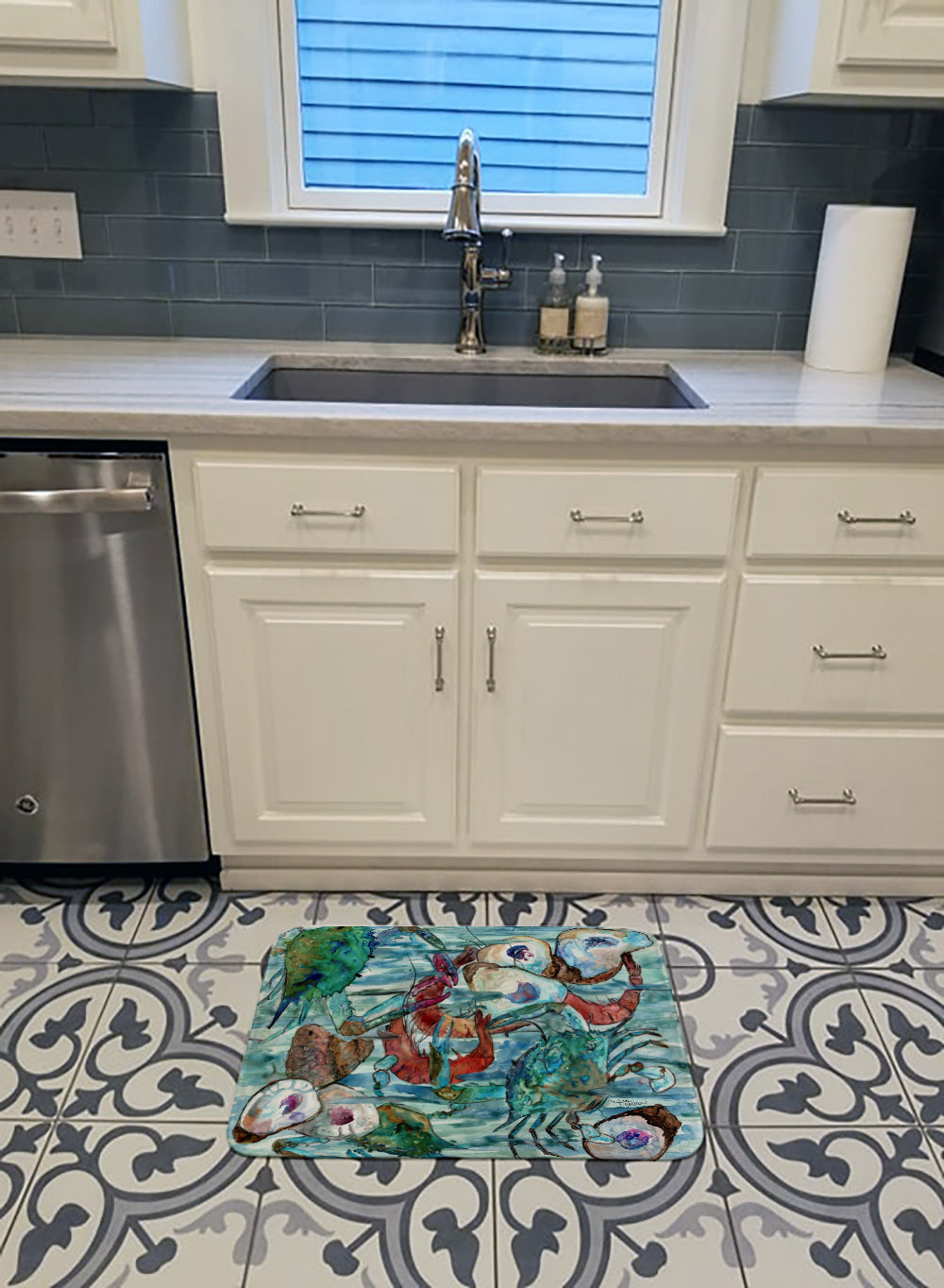 Watery Shrimp, Crabs and Oysters Machine Washable Memory Foam Mat 8964RUG - the-store.com