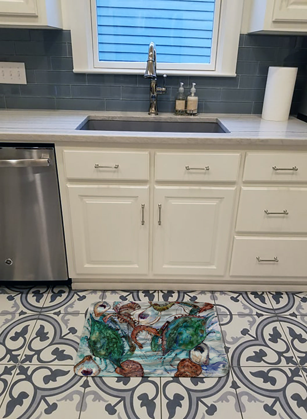 Shrimp, Crabs and Oysters in water Machine Washable Memory Foam Mat 8965RUG - the-store.com