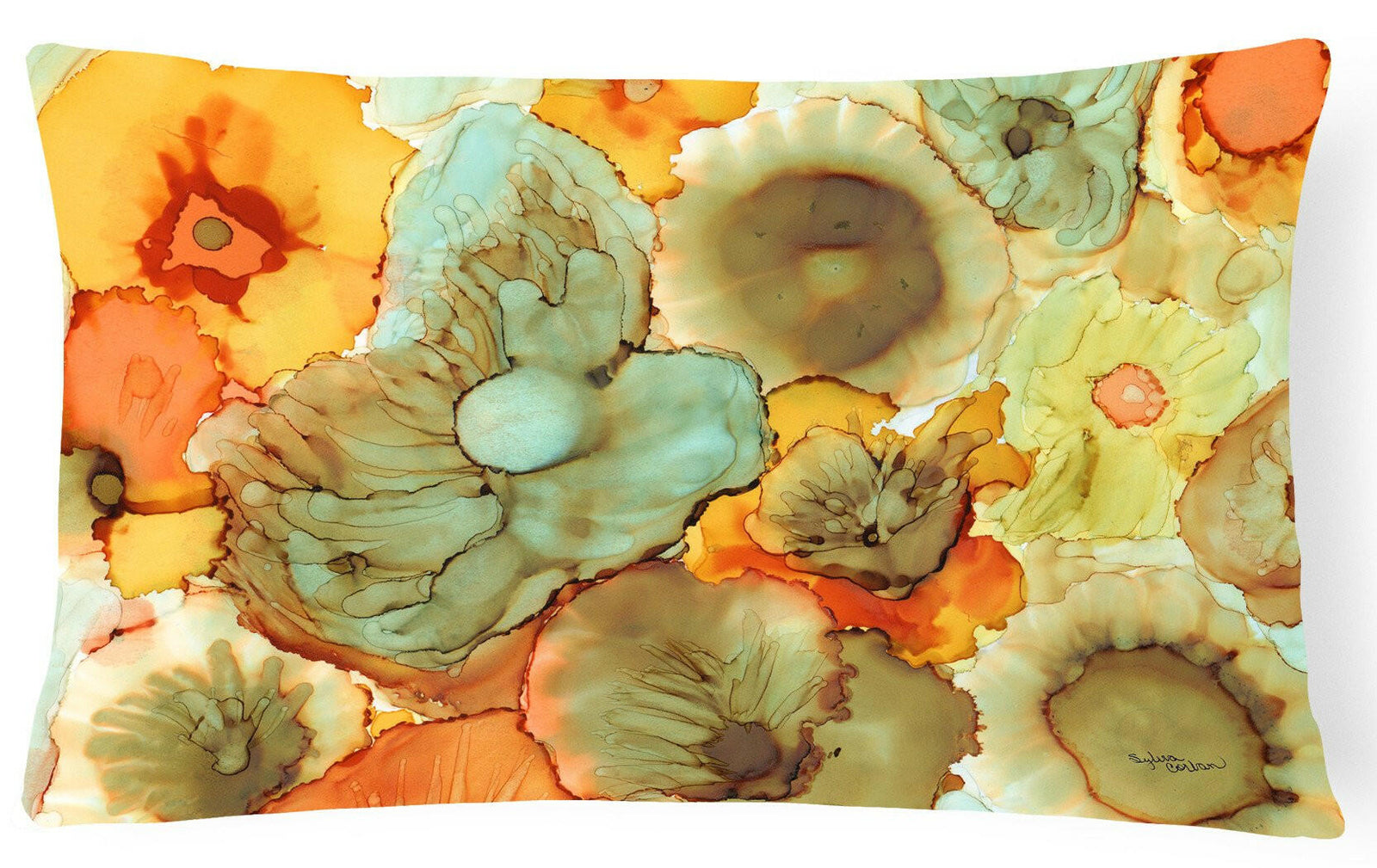 Abstract Flowers Teal and Orange Fabric Decorative Pillow 8969PW1216 by Caroline's Treasures
