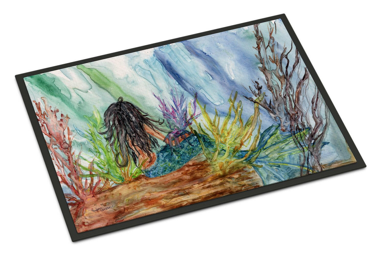 Black Haired Mermaid Water Fantasy Indoor or Outdoor Mat 24x36 8974JMAT - the-store.com