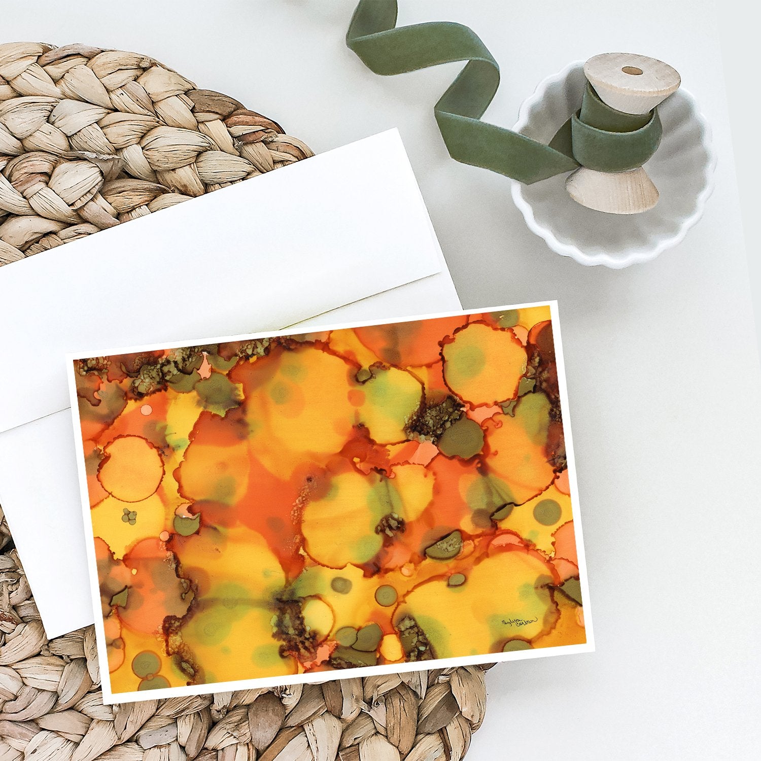 Abstract in Orange and Greens Greeting Cards and Envelopes Pack of 8 - the-store.com