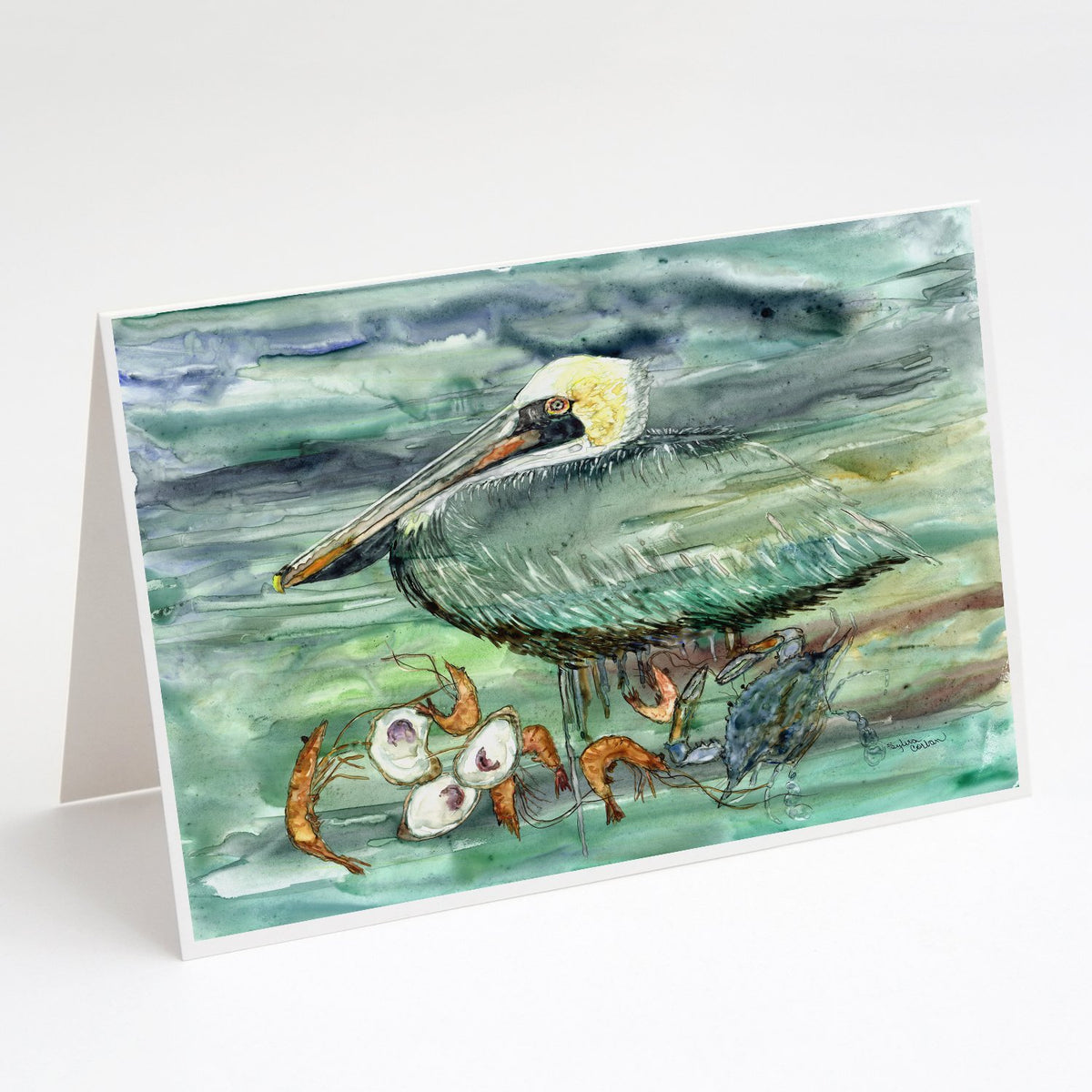 Buy this Watery Pelican, Shrimp, Crab and Oysters Greeting Cards and Envelopes Pack of 8
