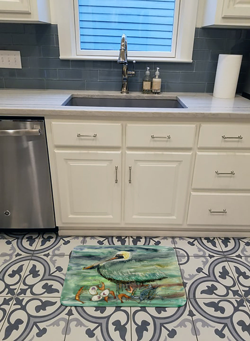 Watery Pelican, Shrimp, Crab and Oysters Machine Washable Memory Foam Mat 8978RUG - the-store.com