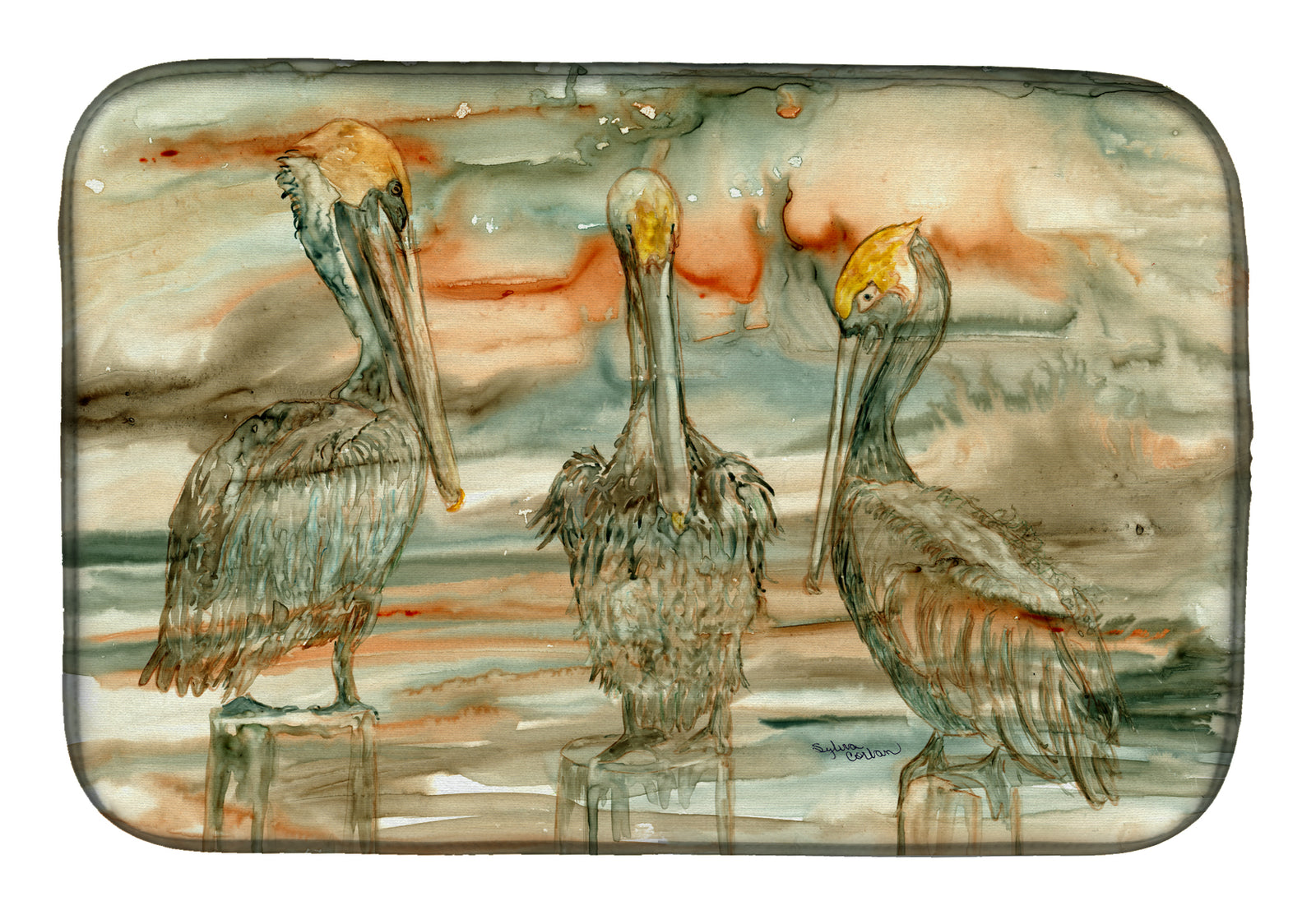 Pelicans on their perch Abstract Dish Drying Mat 8980DDM