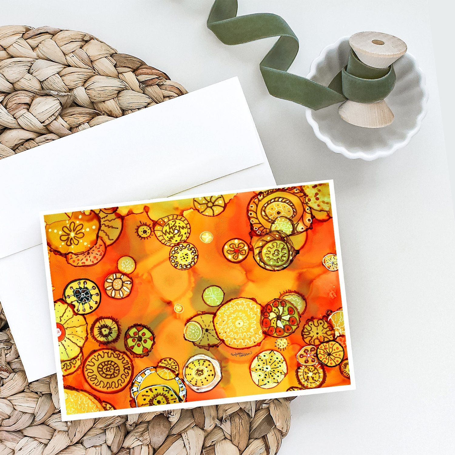 Abstract Flowers in Oranges and Yellows Greeting Cards and Envelopes Pack of 8 - the-store.com