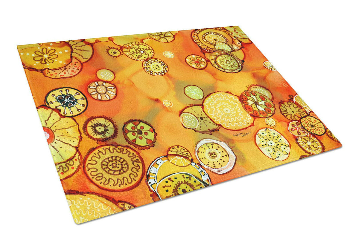 Abstract Flowers in Oranges and Yellows Glass Cutting Board Large 8987LCB by Caroline&#39;s Treasures