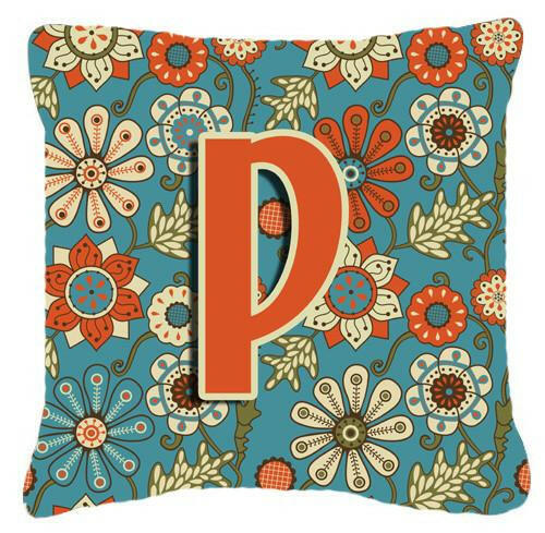 Letter P Flowers Retro Blue Canvas Fabric Decorative Pillow CJ2012-PPW1414 by Caroline&#39;s Treasures