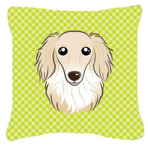 Checkerboard Lime Green Longhair Creme Dachshund Canvas Fabric Decorative Pillow BB1274PW1414 - the-store.com