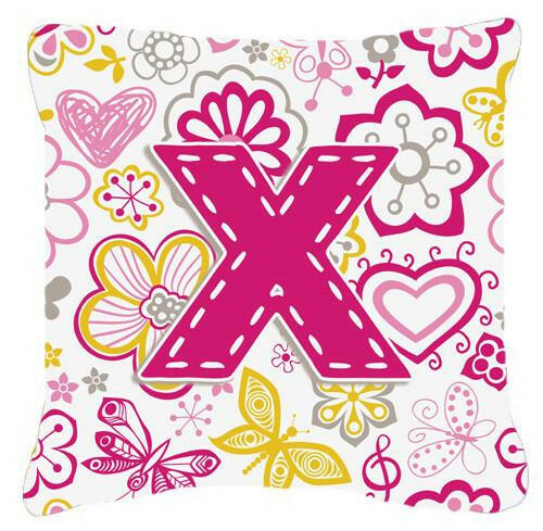 Letter X Flowers and Butterflies Pink Canvas Fabric Decorative Pillow CJ2005-XPW1414 by Caroline&#39;s Treasures