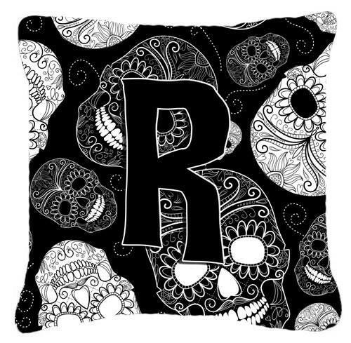 Letter R Day of the Dead Skulls Black Canvas Fabric Decorative Pillow CJ2008-RPW1414 by Caroline's Treasures