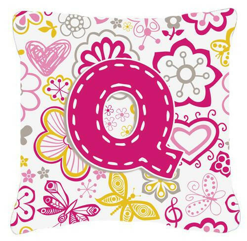 Letter Q Flowers and Butterflies Pink Canvas Fabric Decorative Pillow CJ2005-QPW1414 by Caroline&#39;s Treasures