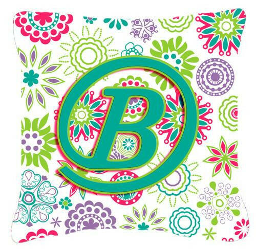 Letter B Flowers Pink Teal Green Initial Canvas Fabric Decorative Pillow CJ2011-BPW1414 by Caroline&#39;s Treasures