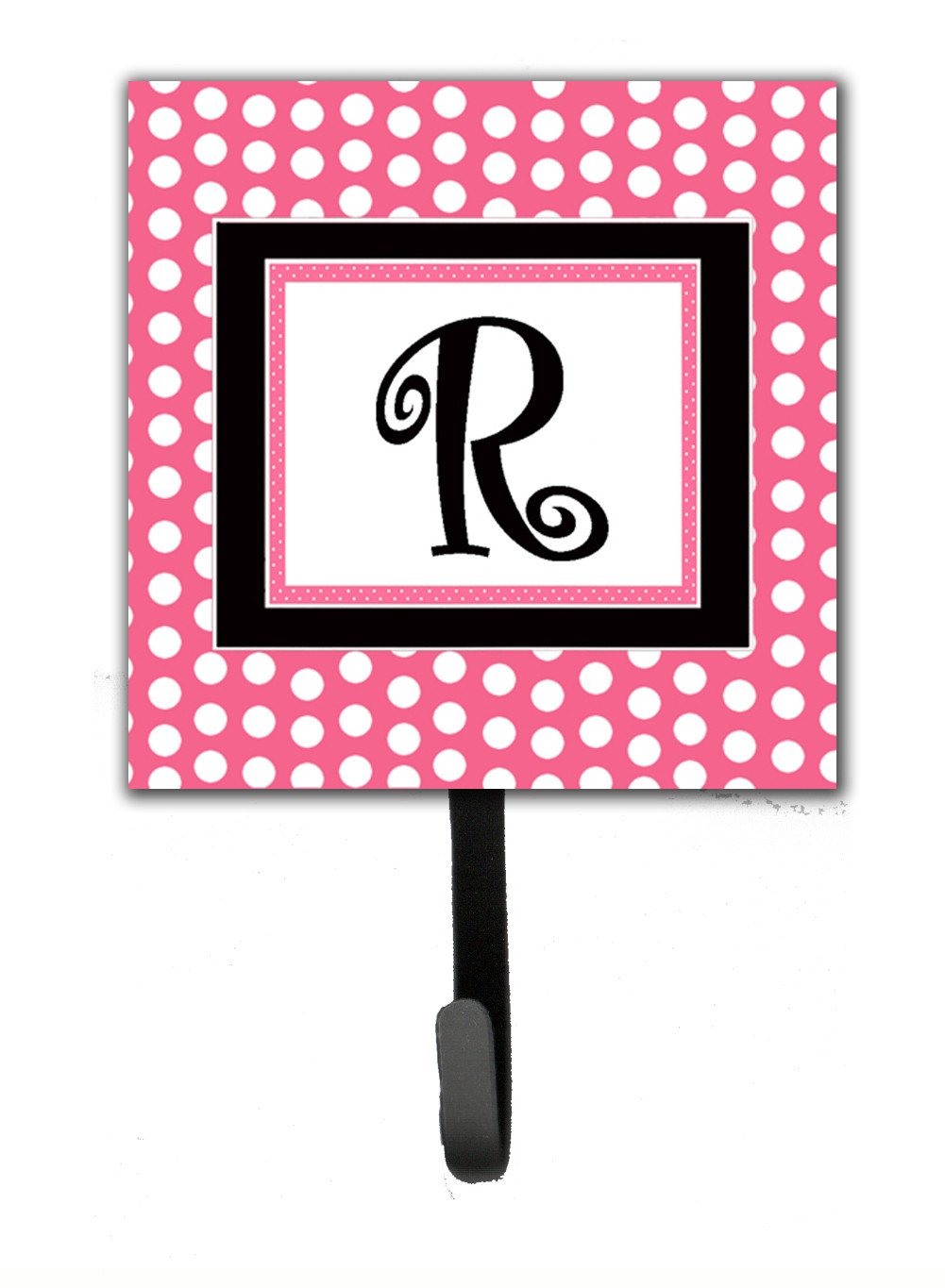 Letter R Initial Monogram - Pink Black Polka Dots Leash Holder or Key Hook by Caroline&#39;s Treasures
