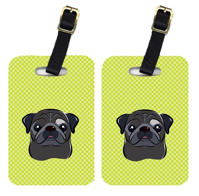 Pair of Checkerboard Lime Green Black Pug Luggage Tags BB1325BT by Caroline&#39;s Treasures