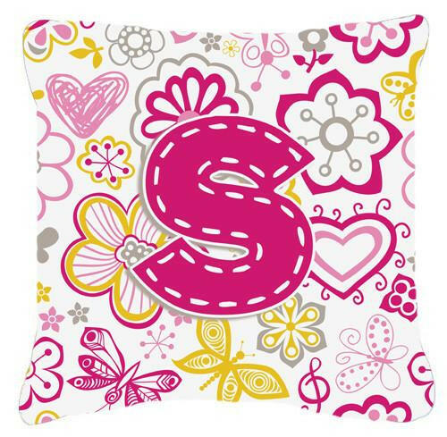 Letter S Flowers and Butterflies Pink Canvas Fabric Decorative Pillow CJ2005-SPW1414 by Caroline&#39;s Treasures