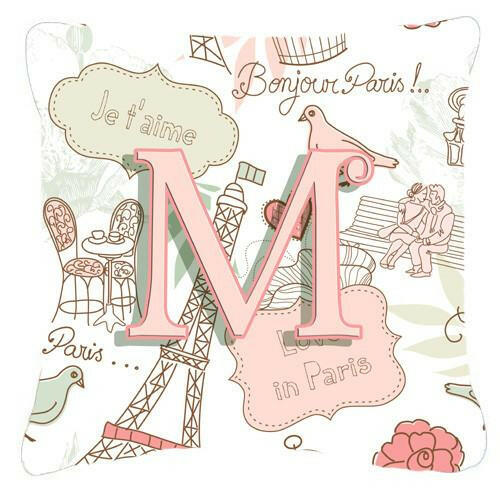 Letter M Love in Paris Pink Canvas Fabric Decorative Pillow CJ2002-MPW1414 by Caroline&#39;s Treasures