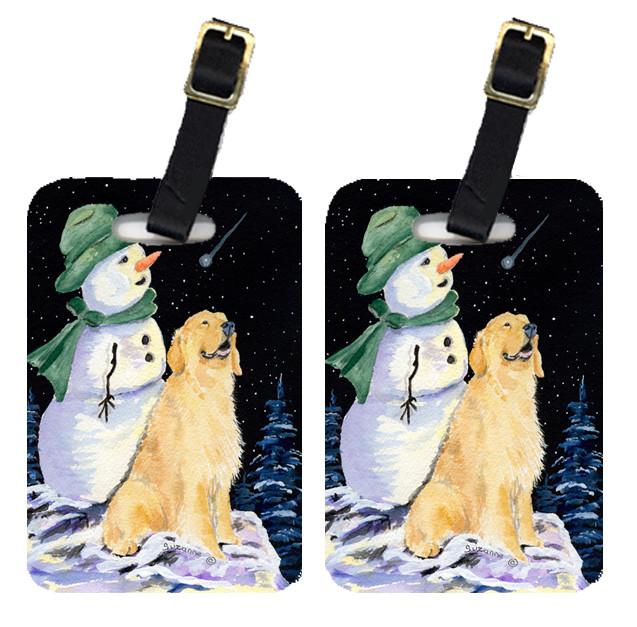 Pair of 2 Golden with Snowman in Green Hat Retriever Luggage Tags by Caroline&#39;s Treasures