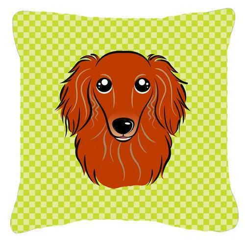 Checkerboard Lime Green Longhair Red Dachshund Canvas Fabric Decorative Pillow BB1276PW1414 - the-store.com
