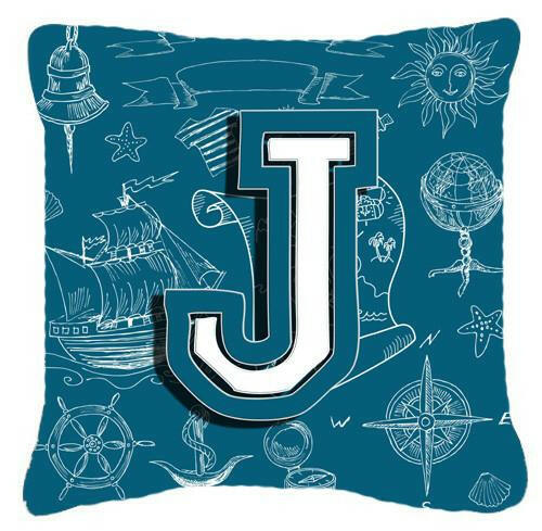 Letter J Sea Doodles Initial Alphabet Canvas Fabric Decorative Pillow CJ2014-JPW1414 by Caroline&#39;s Treasures