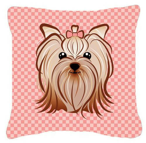 Pink Checkered Yorkie / Yorkshire Terrier   Canvas Fabric Decorative Pillow BB1138PW1414 - the-store.com