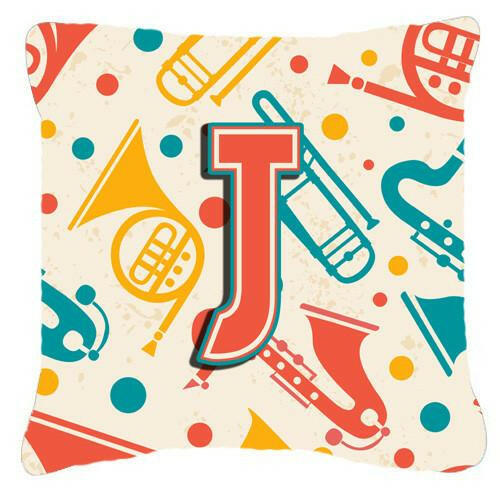 Letter J Retro Teal Orange Musical Instruments Initial Canvas Fabric Decorative Pillow CJ2001-JPW1414 by Caroline&#39;s Treasures