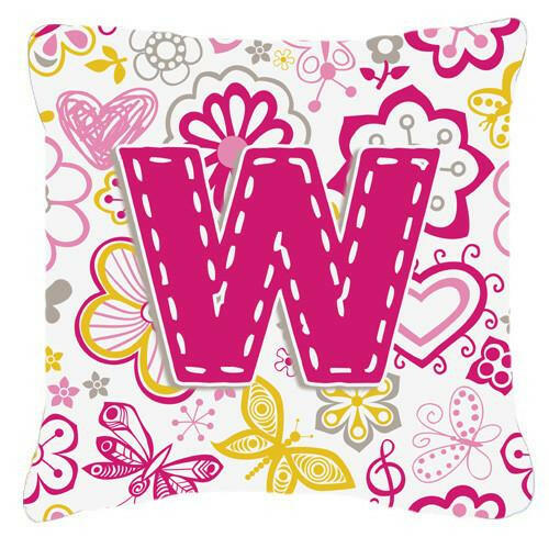 Letter W Flowers and Butterflies Pink Canvas Fabric Decorative Pillow CJ2005-WPW1414 by Caroline&#39;s Treasures