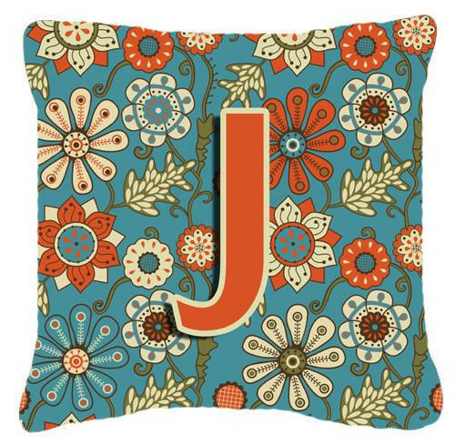 Letter J Flowers Retro Blue Canvas Fabric Decorative Pillow CJ2012-JPW1414 by Caroline&#39;s Treasures