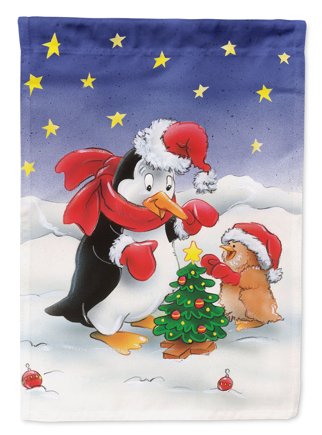 Penguin and Robin with Christmas Tree Flag Garden Size AAH7203GF.