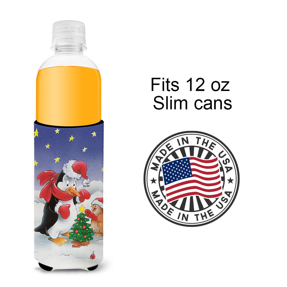 Penguin and Robin with Christmas Tree Ultra Beverage Insulators for slim cans AAH7203MUK  the-store.com.