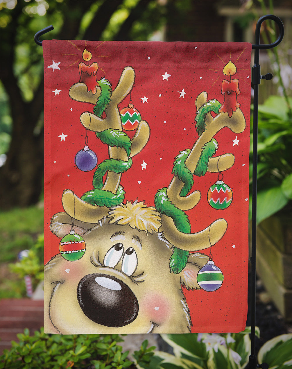 Comic Reindeer with Decorated Antlers Flag Garden Size AAH7206GF.
